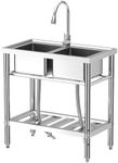 Freestanding Double Bowl Laundry Sink, Stainless Steel Utility Sink with Hot and Cold Faucet, Outdoor Commercial Restaurant Sink for Kitchen, Laundry Room, Garage, 33" x 18" x30"