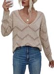 EVALESS Women's Crochet Sweater V Neck Long Sleeve Hollow Out Pullover Tunic Tops Fall Winter Outfits Fashion 2024, Khaki Small Size