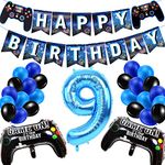 9th Birthday Decorations for Boys, Gaming Theme Party Decorations for Gamer Fans, Happy Birthday Banner Game Controller Balloons Black Blue Balloons for Kids Party Supplies