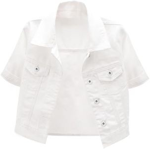 Omoone Women's Summer Short Sleeve Slim Crop Denim Trucker Jacket Jean Coat Tops(White-XXL)