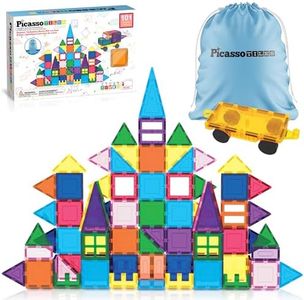 PicassoTiles 101 PCs Magnetic Tiles Building Blocks with Car & Drawstring Carry Bag Toy Storage Magnet Block for Toddlers Kids STEM Toy Set Educational Tile Learning Brain Development Ages 3+ PC101