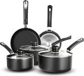 KICHLY Set of 5 Non-Stick Pots and Pans Cookware Suitable for Induction Hob with 20cm, 28cm Frying Pans and 20cm, 22cm Saucepans Set with Lids and a Non Induction 16cm Saucepan, Bakelite Handles