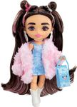 Barbie Extra Minis Doll & Accessories with Brunette Hair & Brown Eyes, Toy Pieces Include a Pink Faux Fur Coat & Purse