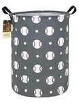 HUNRUNG Laundry Hamper,Large Canvas Fabric Lightweight Storage Basket Toy Organizer Dirty Clothes Collapsible Waterproof for College Dorms, Children Bedroom,Bathroom（Round-Grey Baseball）