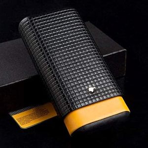 Yellow Black Leather Cedar Wood 3Ct Adjustable Cigar Cigarettes Case Holder Humidor