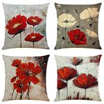 BCKAKQA Throw Pillow Covers 18x18 inches Set of 4 Red Flower Cushion Covers 45cm x 45cm Boho Linen Square Throw Pillow Cases for Living Room Sofa Couch Bed Decorative Pillowcases