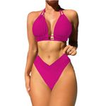 VECVOC Women 2 Piece Bikini Sets Halter High Waisted Bathing Suits Triangle Bathing Suits,Rose Red,Large