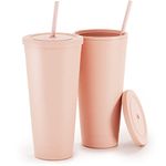 Maars Acrylic Travel Tumbler with Lid and Straw | 32oz Premium Insulated Double Wall XL Plastic Reusable Cups - Matte Blush, 2 Pack