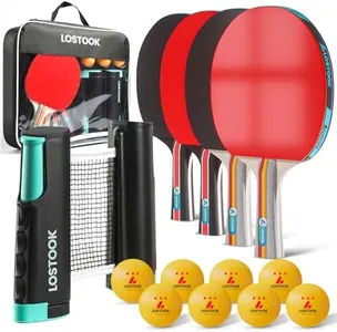 Lostook Professional Ping Pong Paddles Set of 4 with Table Tennis Rackets and 3 Star Balls, Portable Ping Pong Table Net with Clamps for Any Table, Home/Outdoor Games