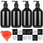 4 Pcs 500ml Soap Dispenser with Pump, Empty Refillable Pump Bottle Dispensers for Kitchen Bathroom Liquid Hand Dish Soap Dispenser Bottles Containers, with Funnel and Label - Black. (Black)