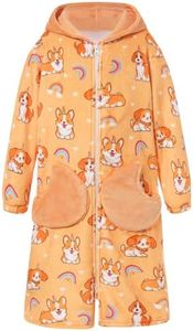 Funnycokid Girls Bathrobes Size 14 Dog Fleece Robes Teen 12 13 Big Kids Zip Soft Bath Robe Plush Sleepwear Long Sleeve Pajamas