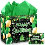 Green Birthday Gift Bag, Large Green and Black Happy Birthday Gift Bag with Card and Green Tissue Paper for Boys Men Women Anniversary Birthday Party Favors Kids Adults Goodie Wrapping Bag Supplies