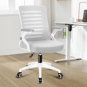 ALFORDSON Mesh Office Chair Ergonomic Mid-Back Wale Series, Adjustable Flip-Up Arm & Lumbar Support Gaming Racing Task Chair, Student Computer Study Desk Chair for Home Office, White Grey