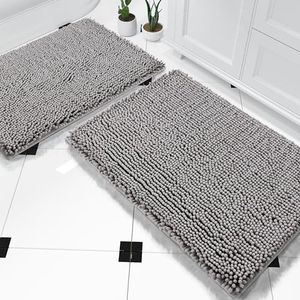 Yimobra 2 Piece Bathroom Rugs Set, Luxury Chenille Bath Rug Mat, Soft Absorbent Plush Bath Mat, Non Skid Washable Bathroom Floor Mat (31.5 x 19.8 + 24 x 17 Inches, Grey)