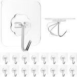 ZESLMG Adhesive Hooks Wall Hooks for Hanging, 16 Pack Heavy Duty Self Sticky Hooks 22lb(Max) Stainless, Waterproof Oilproof Utility Hooks for Coat Keys Bathroom Shower Kitchen Wardrobe Outdoor, Clear