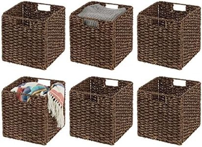 mDesign Seagrass Woven Cube Basket Organizer with Handles - Storage for Bedroom, Office, Living Room, Bathroom, Perfect for Cubby Storage Units - Hold Blankets, Magazines, Books - 6 Pack - Brown Wash