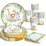 Jungle Safari Theme Party Tableware Set, Kids Birthday Party Supplies 96pcs Paper Plates and Napkins Cups, Disposable Baby Shower Plates and Napkins Party Tableware Dinnerware for Birthday Baby Shower