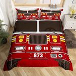 Sunnybed 3D Fire Truck Print Bedding Set for Kids Adults,Fire Engine Comforter Cover Black Red Firemen Car Vehicle Duvet Cover,Cartoon Firefighter Quilt Fighting Bedroom Decor Single