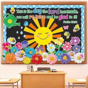 92 Pcs Spring Bulletin Board Decorations- Religious Bulletin Board Set Spring Theme Decor with 3D Paper Flower Back to School Classroom Decor for Motivational Classroom School Home Chalkboard Wall