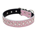 Rhinestones Dog Collar, Adjustable Sparkly Crystal Studded Genuine Leather Pet Dog Collar for Small and Medium Dogs (S, Pink)