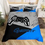 Gamer Duvet Cover Set for Boys Teens Game Bedding Set,Video Game Home Player Gaming Bedding & Linen Set Kids Toddler 3Pcs Black Blue Grey (Double)