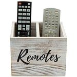 MyGift Solid Whitewashed Wood Remote Control Holder Caddy with 2 Compartments, Holds TV, DVD, Blu-Ray Remote Controls, Media Storage Box with Remotes in Black Cursive Design