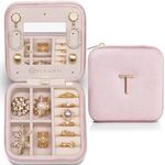 Vlando Mini Jewelry Travel Jewelry Case, Personalized Initial Jewelry Boxes for Women Girls, Travel Essentials for Birthday Gifts for Friend Teen Girls - Letter T, Pink