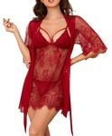 BERDITH sexy lingerie for women set lace dress up for bedroom womens chemise babydolls sets night outfits robe mini nightie See Through Negligees nightwear valentines,Red L