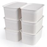 Winter Shore Storage White Plastic Bins with Lids [6 Pack] - Stackable Lidded Storage Bins for Classroom, Office Supplies, Accessories - Modern Organising Baskets for Closets, Shelves, Bathroom