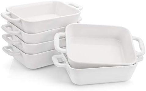 Foraineam 6 Pieces Bakeware Set, White Porcelain Souffle Dishes Creme Brulee Ramekins, 6-1/4 x 4-3/4 inch Rectangular Baking Pans with Double Handles