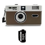 1 Shot Point and Shoot 35mm Film Camera, Reusable Retro Half Frame Camera, Built in Flash, Included One Roll ASA/ISO 400 Black & White Film 18 Exp., (36 Shots) Battery Not Included (Brown Color)