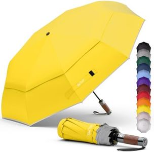 Royal Walk Windproof Folding Travel Umbrella Compact and Strong Luxurious Real Wood Handle Automatic Open Close Vented Double Canopy for Men and Women (Yellow)