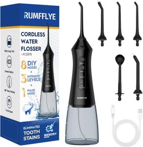 RUMFFLYE Cordless Water Flosser – 3 Modes, 12 Pressure Levels, 5 Tips, 300ML, Black