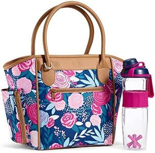 Fit & Fresh Beechwood Large Lunch Bag for Women with Side Pouches & Carry Handles, Complete Lunch Kit Includes Matching Shaker Bottle, Navy Lorella Posey