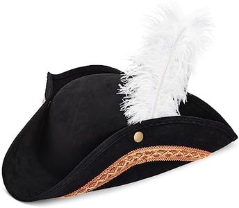 Juvale Adult Tricorn Pirate Hat with Feather for Halloween Outfit - Black Pirate Hat for Colonial Revolutionary History Theme Birthday & Halloween Party Costume 15 x13 x 3.5 In