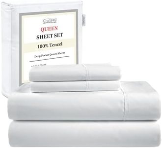 CHATEAU HOME COLLECTION Queen Sheet Set, Ultra Luxury Tencel, 4 Piece, White, Solid, Queen Size, Breathable, Cooling, Deep Pockets, Superior Softness