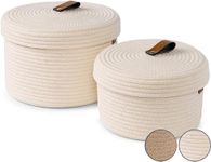 DENJA & CO Round Baskets with Lids - Set of 2 Decorative Baskets with Lids for Organizing - Natural Cotton Rope Lidded Baskets with Genuine Leather Tabs and Handles - Storage Baskets with Lids