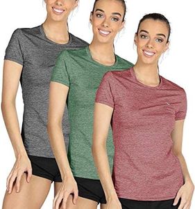 icyzone Workout Running Tshirts for Women - Fitness Athletic Yoga Tops Exercise Gym Shirts (Pack of 3) (M, Charcoal/Burgundy/Turf Green)