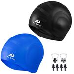 Alepo 2 Pack Swimming Cap Unisex with 3D Ear Protection, Durable Flexible Silicone Swimming Hat Women Men Kids Adults, Bathing Swim Cap for Short/Long Hair with Ear Plugs&Nose Clip（Black+Blue）