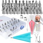 Cake Decorating Kit Supplies | RFAQK 74 PCs Piping Bags and Tips-48 Numbered Stainless Steel Piping Tips & Icing Bags-Reusable Silicon Bag, Couplers with Pattern Chart, EBook & Other Icing Piping Set