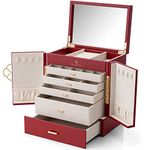 Vlando Jewelry Box&Organizer,PU Leather Jewelry Organizer for Women Girl 6-Layer Mirror Jewelry Case Storage with 5 Drawn Earrings Necklace Rings Watch Mothers Day Gifts for Mom Wife Women（Red）