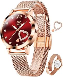 OLEVS Watch for Women Rose Gold Diamond Stainless Steel Womens Watches with Date Elegant Thin Ladies Watch with Mesh Band Fashion Red Face Quartz Dress Watches for Women Waterproof Reloj para Mujer
