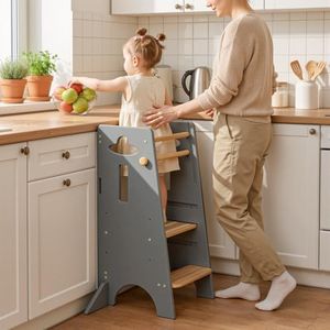 COSYLAND Toddler Standing Tower Adjustable Height - Super Stable Toddler Kitchen Stool Helper - 3 Levels Adjustable Wooden Toddler Kitchen Stool (Natural & Light Gray)