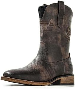 MacePhenoMelon Square Toe Cowboy Boots for Men Classic Western Boots Black Men's Pull On Retro Chunky Short Country Boots BTT-C-13