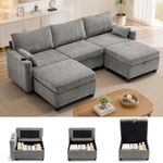 VBONDA 110" Modular Sectional Couch with Storage Seat & Ottoman,3 Seater U Shaped Deep Seat Sofa with USB Charging Port and Cupholder for Living Room,Grey