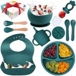 Silicone Baby Feeding Set | Empower Your Little One's Independence - Baby Led Weaning Feeding Supplies for Toddlers with Suction Plates, Suction Bowl, Bibs, Suction Cup, Spoons & Forks (Green Spruce)