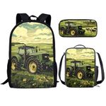 KUIFORTI Tractor Print School Backpack Set with Insulated Lunch Bag Pencil Holder for Kids Children School Bookbag Set of 3 Pcs