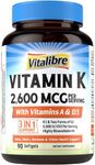Vitalibre Vitamin K Complex, 2600 mcg K1 & K2 (MK-7 & MK-4), with Vitamin A & D3 5000 IU, Bioavailable, Full Spectrum, for Bone Strength and Heart Health, 90 Softgels