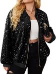 IN'VOLAND Womens Sequin Jacket Plus Size Sparkle Long Sleeve Jackets Front Zip Loose Casual Blazer Bomber Jacket with Pockets