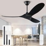 OUENGK 52 Inch Black Ceiling Fans No Lights, Modern Wood Outdoor Ceiling Fan for Patio, 3 Blades Propeller Ceiling Fan with Remote, Quiet Reversible DC Motor Ceiling Fan for Exterior Porch Farmhouse